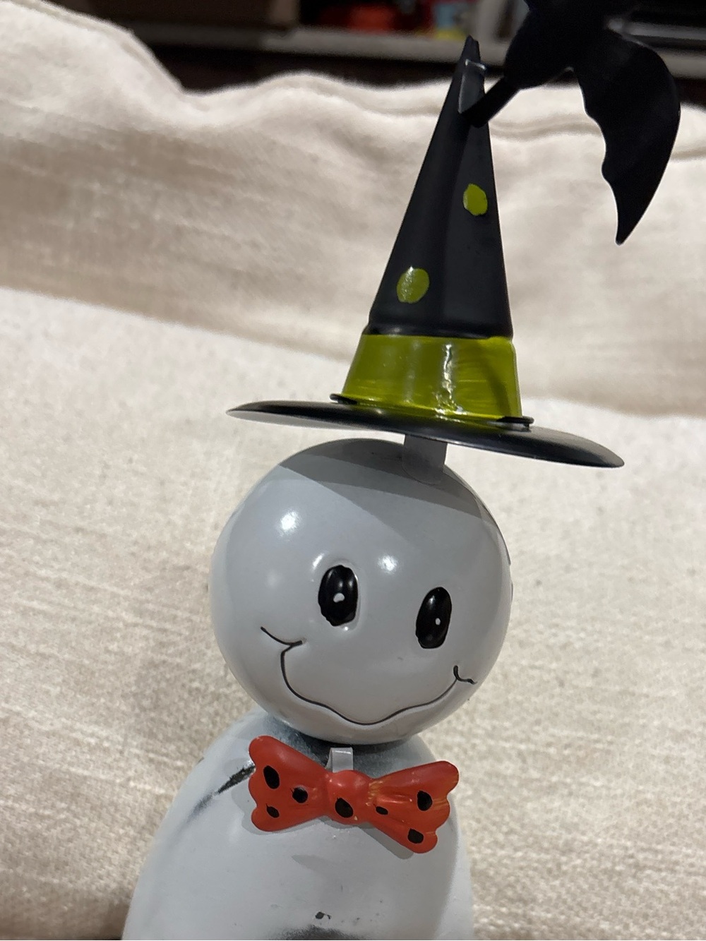 Whimsical Gray Ghost with Black Witch Hat and Orange Bow Tie - Home Accents